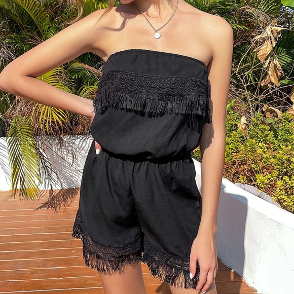 Pants - boho Black strapless lace fringe romper spring
